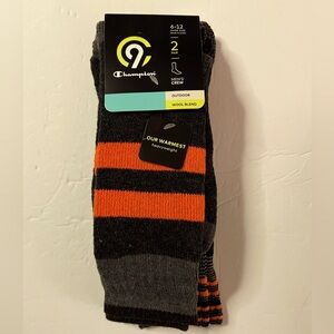 New In Package Champion Men’s Wool Crew Socks Black w/orange stripes Size 6-12